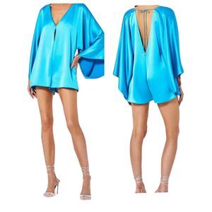 Alexis Kacie Romper Womens XS Wide Flowy Sleeves Blue Satin Open Back Cutout NEW